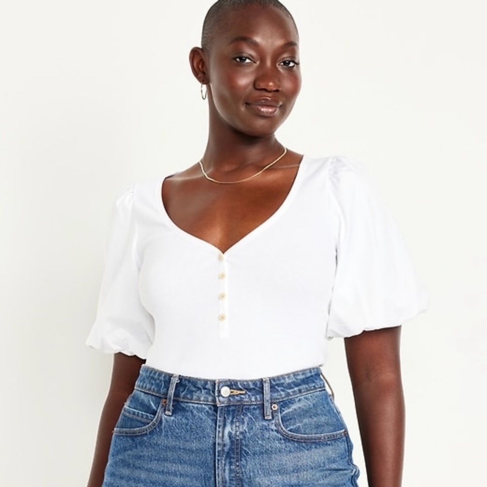 Old Navy Puff Sleeve Mixed Fabric Top, White, XL